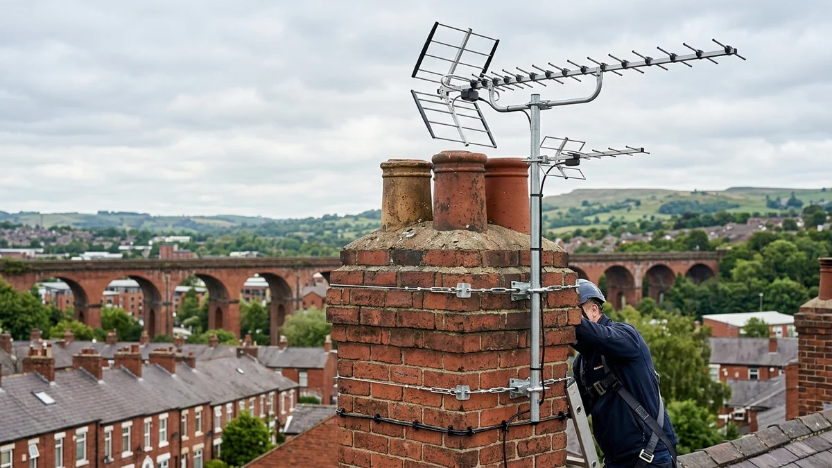 Professional digital TV aerial installation in Reddish on traditional British chimney stack with galvanized Pennine storm brackets