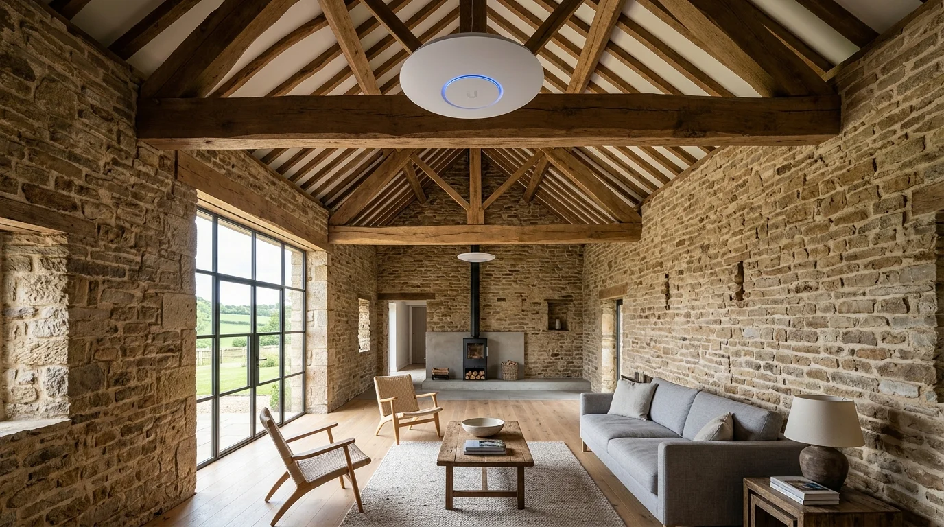 Ubiquiti UniFi Enterprise WiFi 7 access point installed on oak beam in a Stockport stone barn conversion
