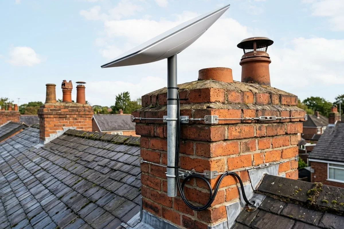 Starlink dish mounted securely on chimney in Stockton Heath