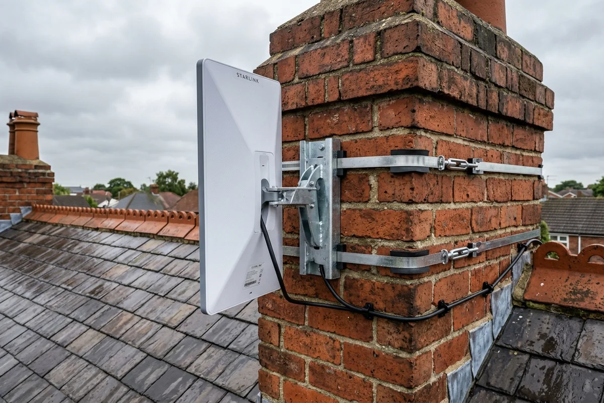 Starlink dish on roof in Stockton-on-Tees on brick chimney with non-drill lashing cradle overlooking town