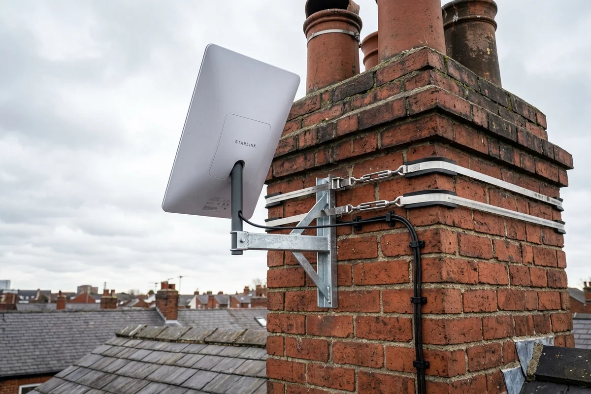 Starlink dish on roof in Stretford on brick chimney with non-drill lashing cradle overlooking town