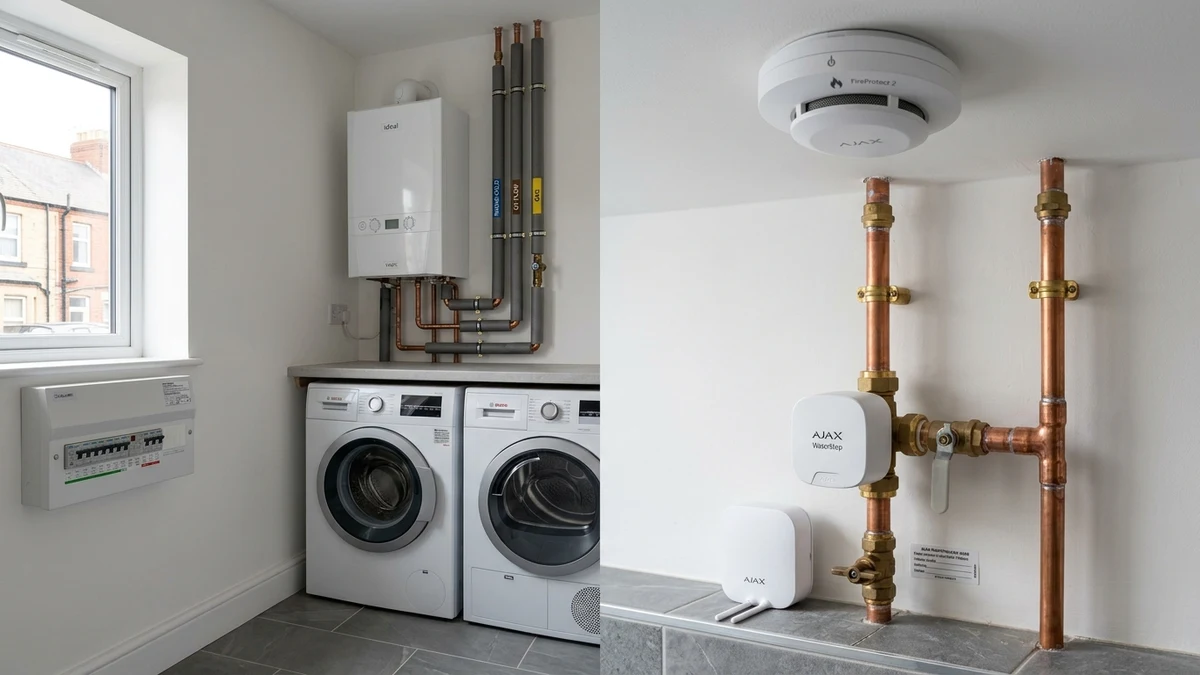 Ajax FireProtect 2 ceiling smoke detector and WaterStop electric smart shutoff valve installed cleanly on copper plumbing in a Farringdon home