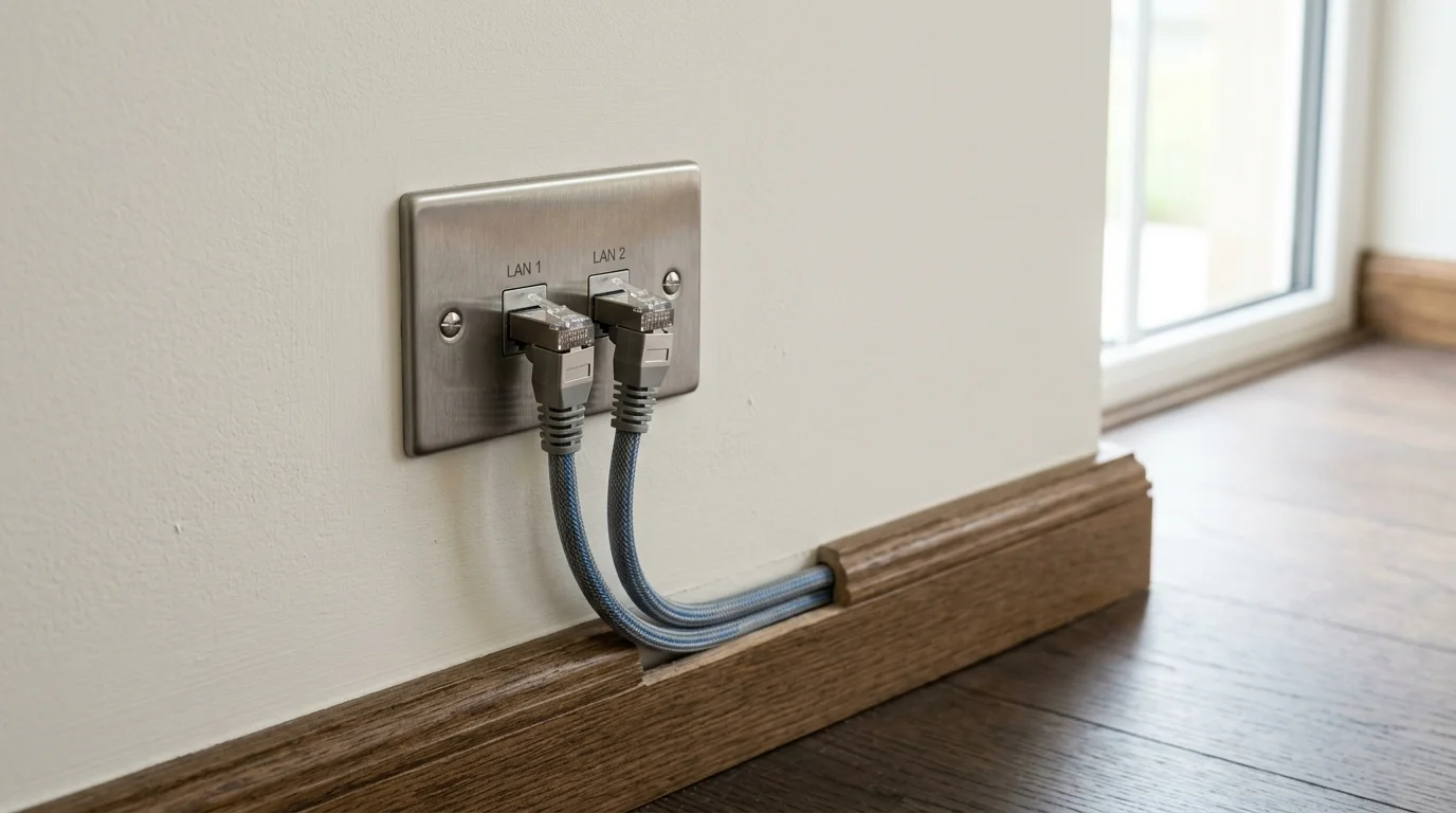 Domestic home network cabling with clean flush-mounted Ethernet wall sockets in a Sunderland home