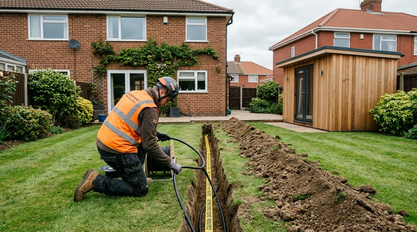 Armoured network cable trenching to garden office in Sunderland