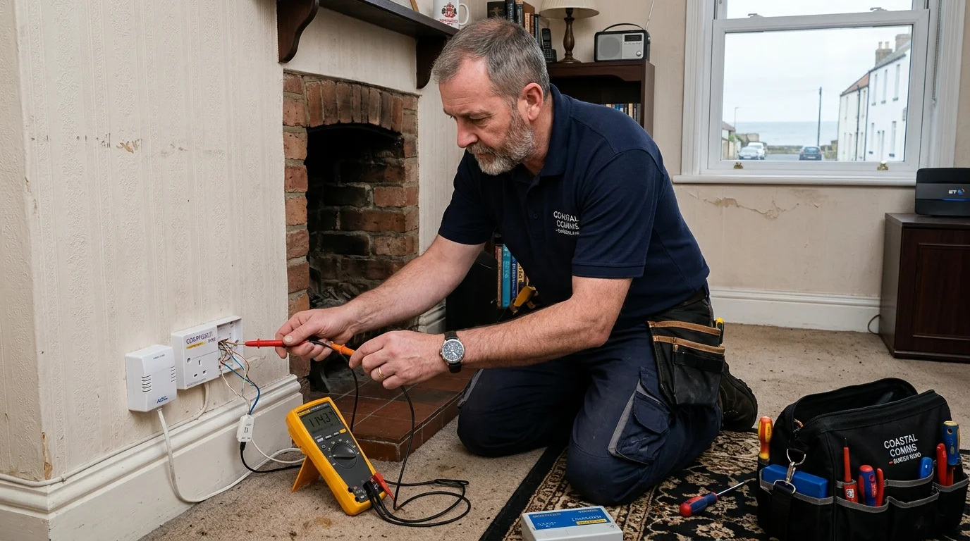 Independent Telephone Engineer troubleshooting telephone wiring in coastal Victorian home in Roker Sunderland SR6