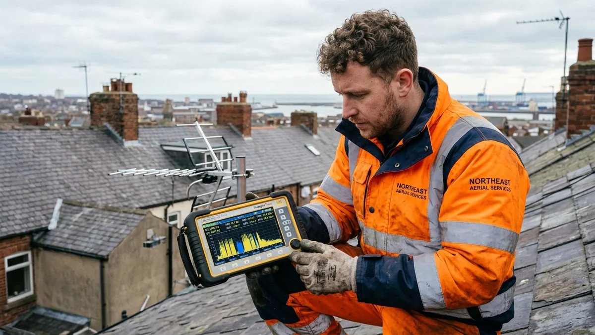 Aerial engineer using spectrum analyzer meter on Sunderland rooftop testing Pontop Pike UHF signal strength