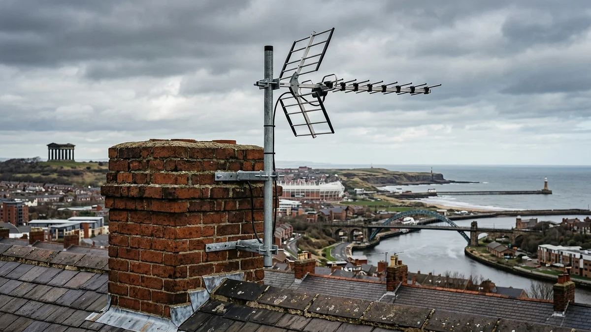 Professional digital TV aerial installation in Dordon on traditional British chimney stack with galvanized Pennine storm brackets