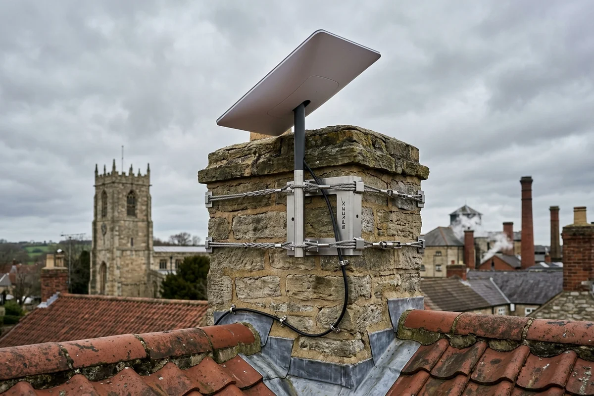Starlink dish on roof in Tadcaster on brick chimney with non-drill lashing cradle overlooking town