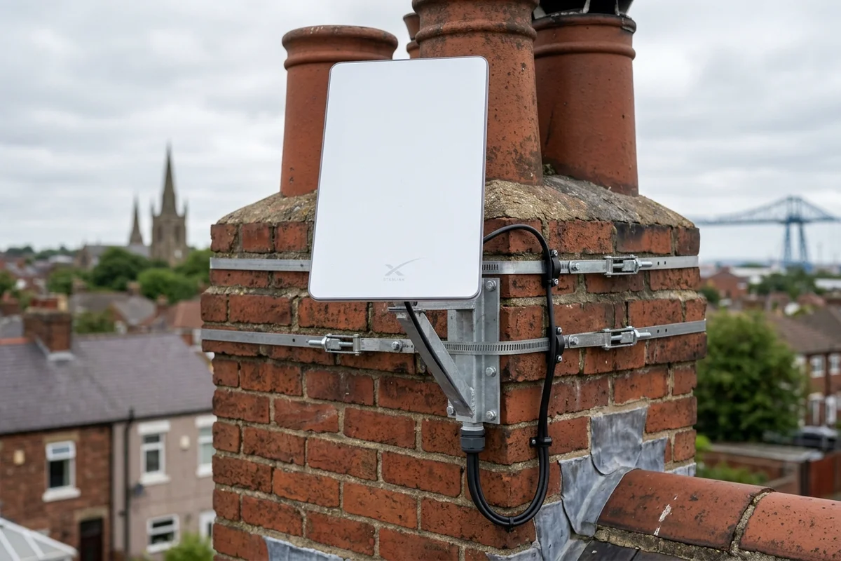 Starlink dish on roof in Thornaby on brick chimney with non-drill lashing cradle overlooking town