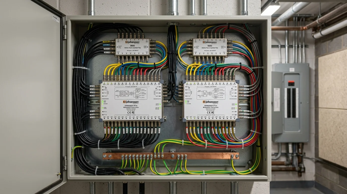 Commercial communal IRS multiswitch distribution rack distributing TV, satellite, and radio to apartment blocks