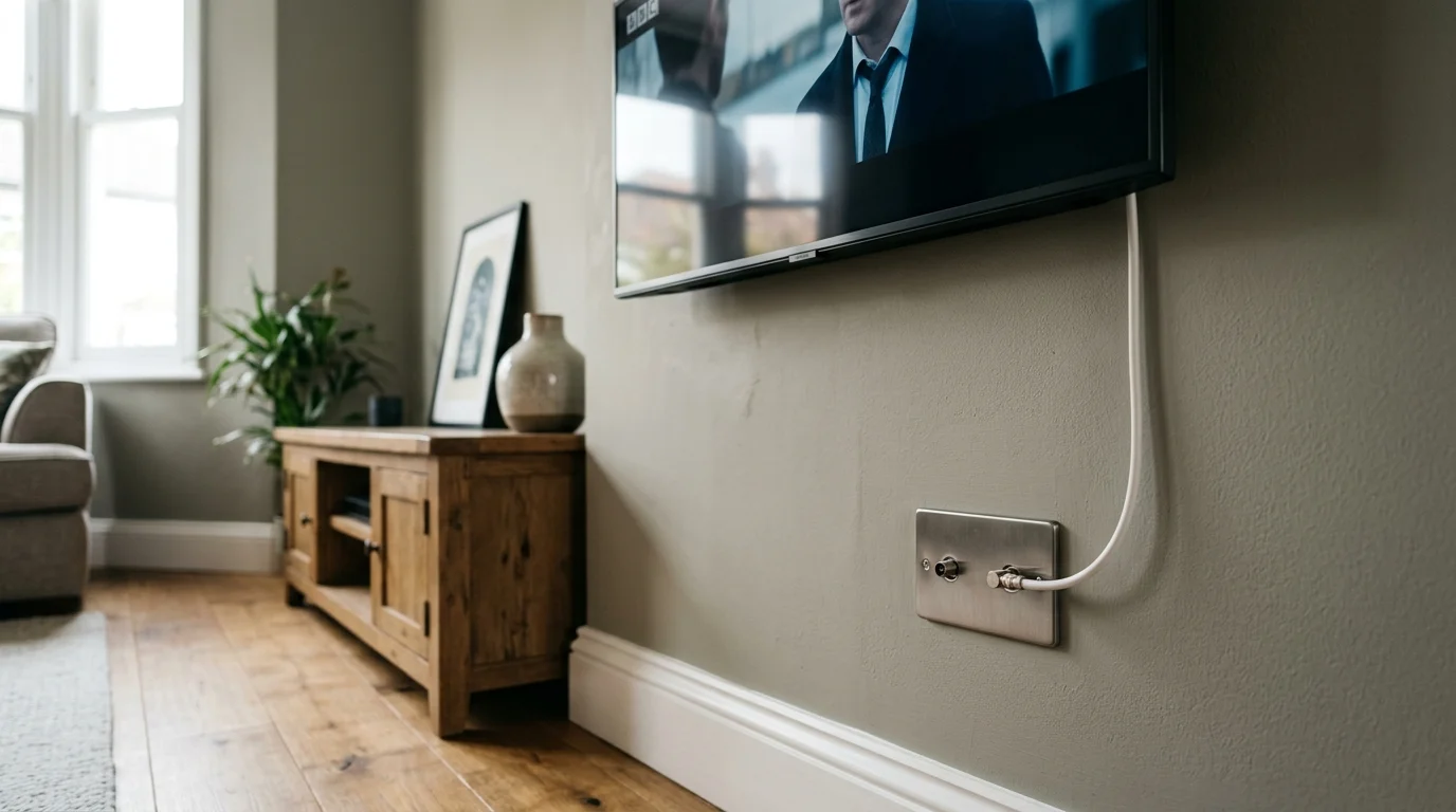 Flush-mounted dual TV aerial coaxial wall socket providing multi-room Freeview HD distribution in modern home