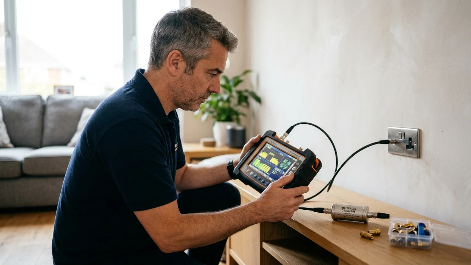 Gary Pearce testing a domestic TV aerial coaxial wall socket and signal quality with a Promax HD Ranger spectrum analyser