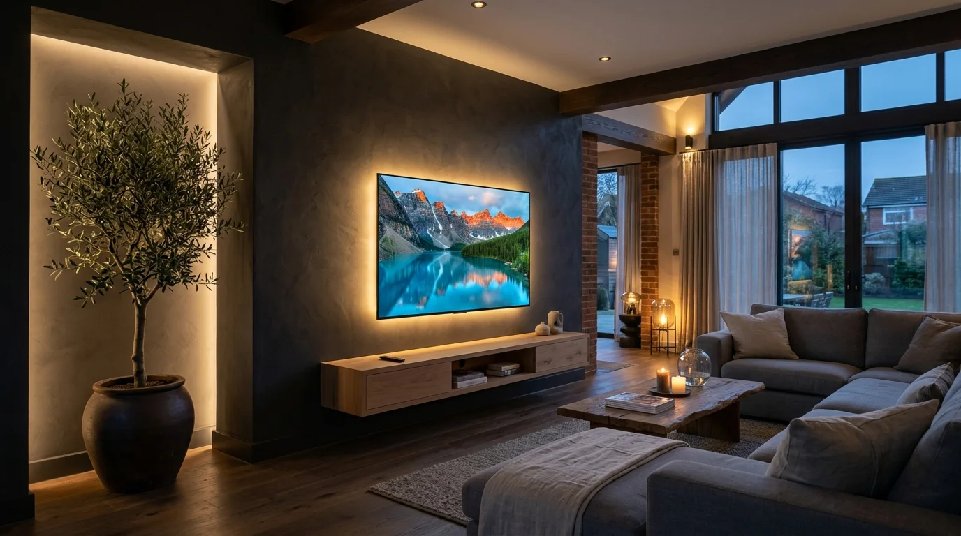 Luxury ambient living room with flush mounted OLED TV