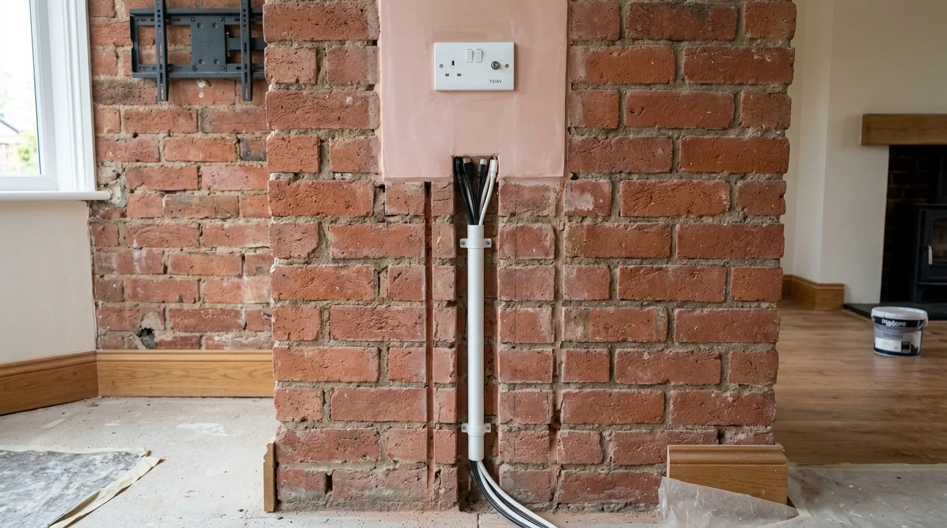 Solid Masonry Vertical Channel Chasing with PVC Conduit and Plaster Bonding Skim