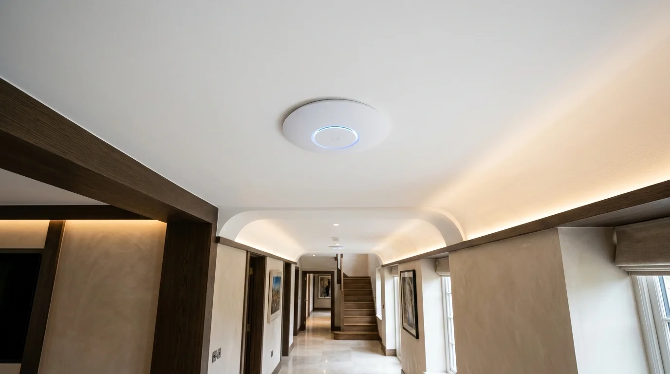 Ubiquiti UniFi Wi-Fi 7 commercial ceiling access point with flush Cat6A PoE connection