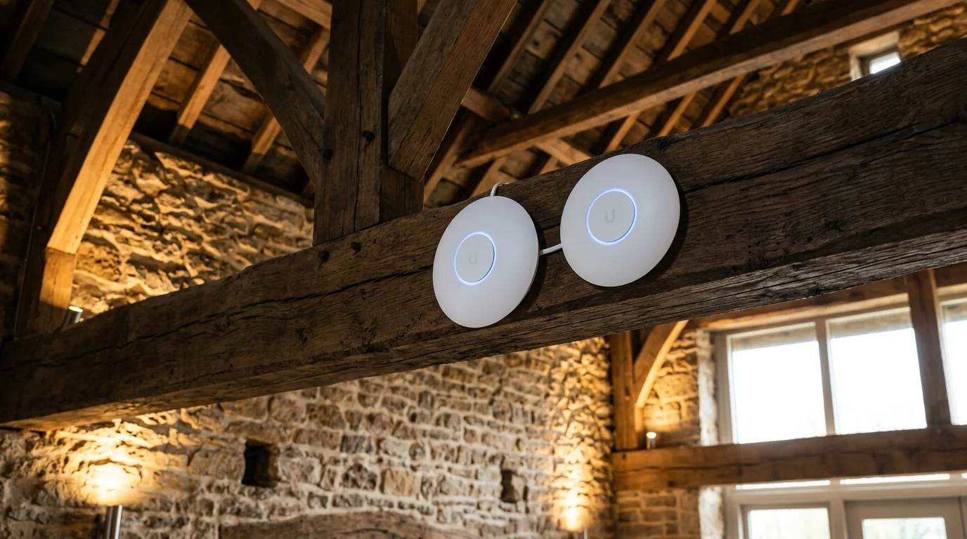 Commercial Ubiquiti UniFi Access Point Installed on Oak Beam in Thick Stone Yorkshire Barn