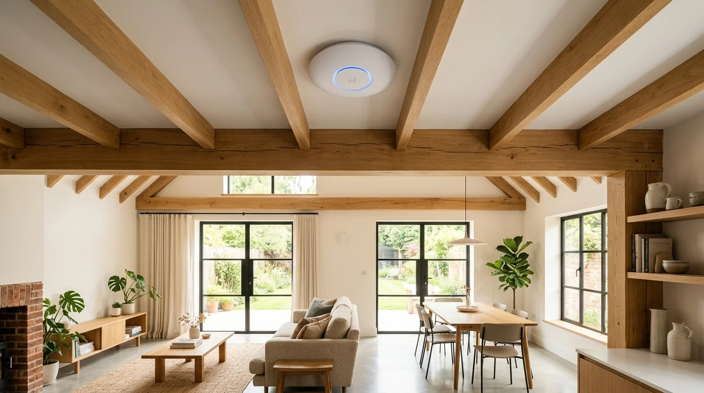 UniFi Wi-Fi access point installed on exposed timber beam in UK home