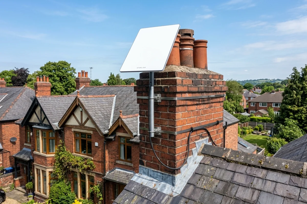 Starlink dish on roof in Urmston on brick chimney with non-drill lashing cradle overlooking town