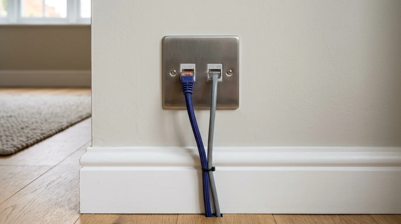 Domestic home network cabling with clean flush-mounted Ethernet wall sockets in a Wakefield home