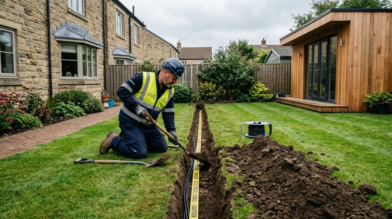 Armoured network cable trenching to garden office in Wakefield