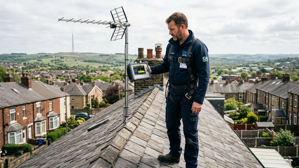 TV aerial engineer testing signal levels with spectrum analyzer in Ossett