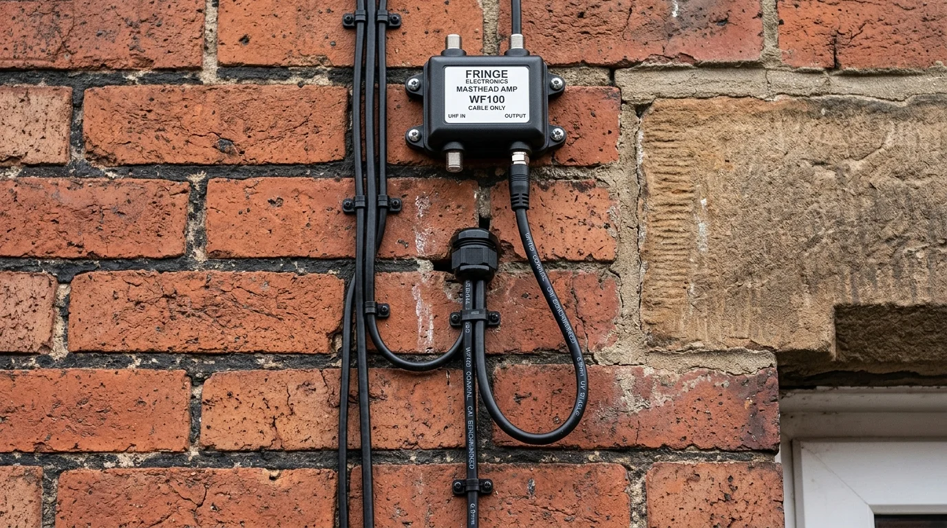Neatly clipped UV-resistant Cat6a solid copper cable installation along mortar joints in Wakefield