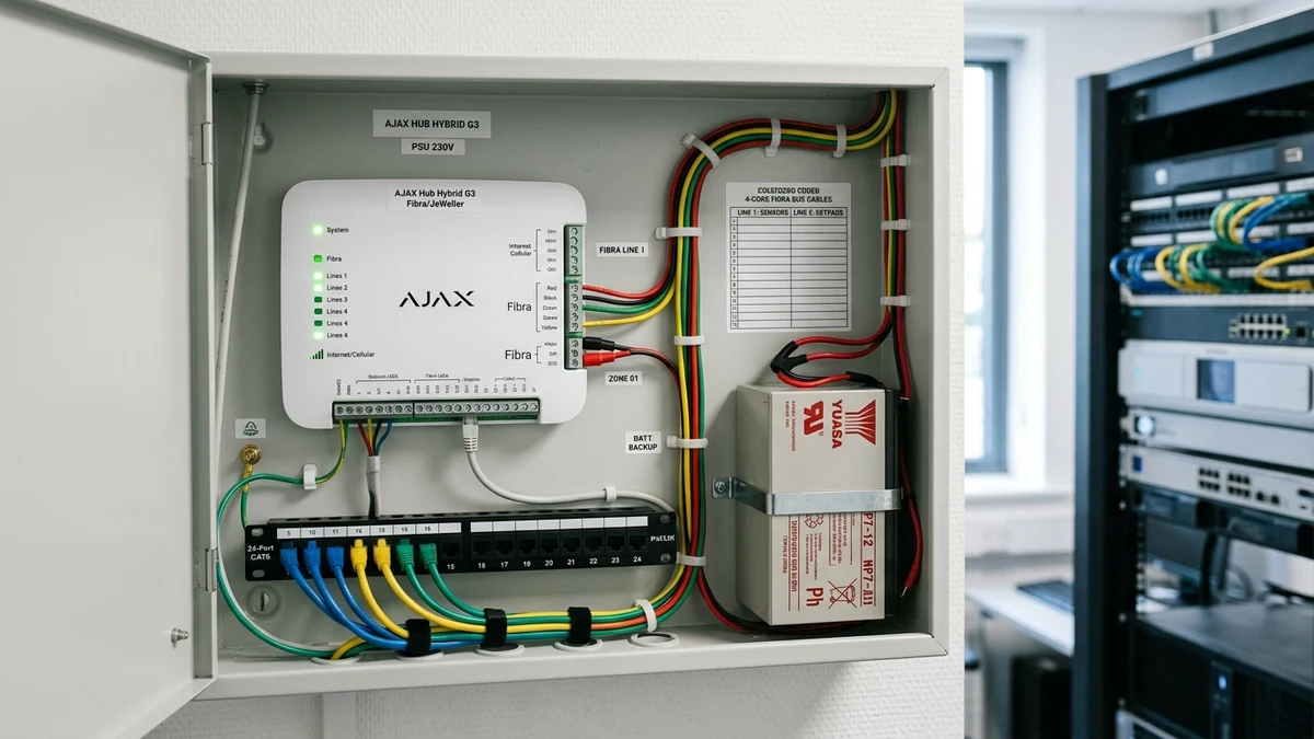 Commercial communications rack housing Ajax Hub Hybrid with neatly laced 4-core bus lines in Appleton