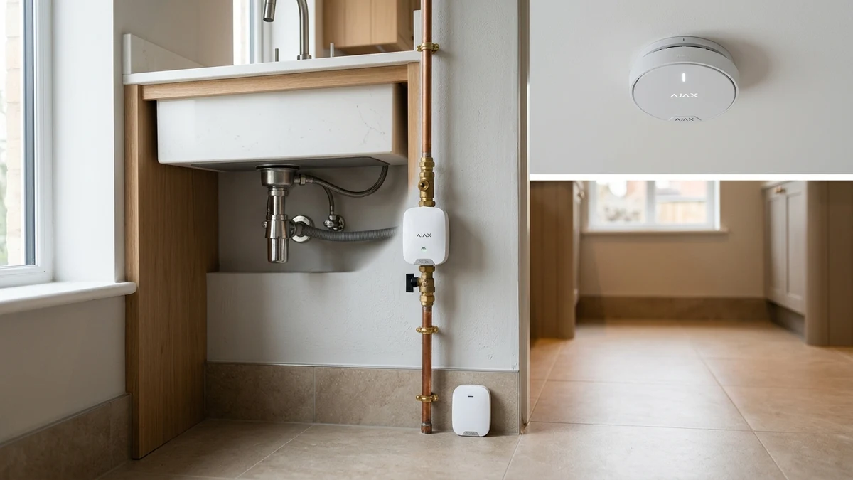Ajax FireProtect 2 ceiling smoke detector and WaterStop electric smart shutoff valve installed cleanly on copper plumbing in an Appleton home