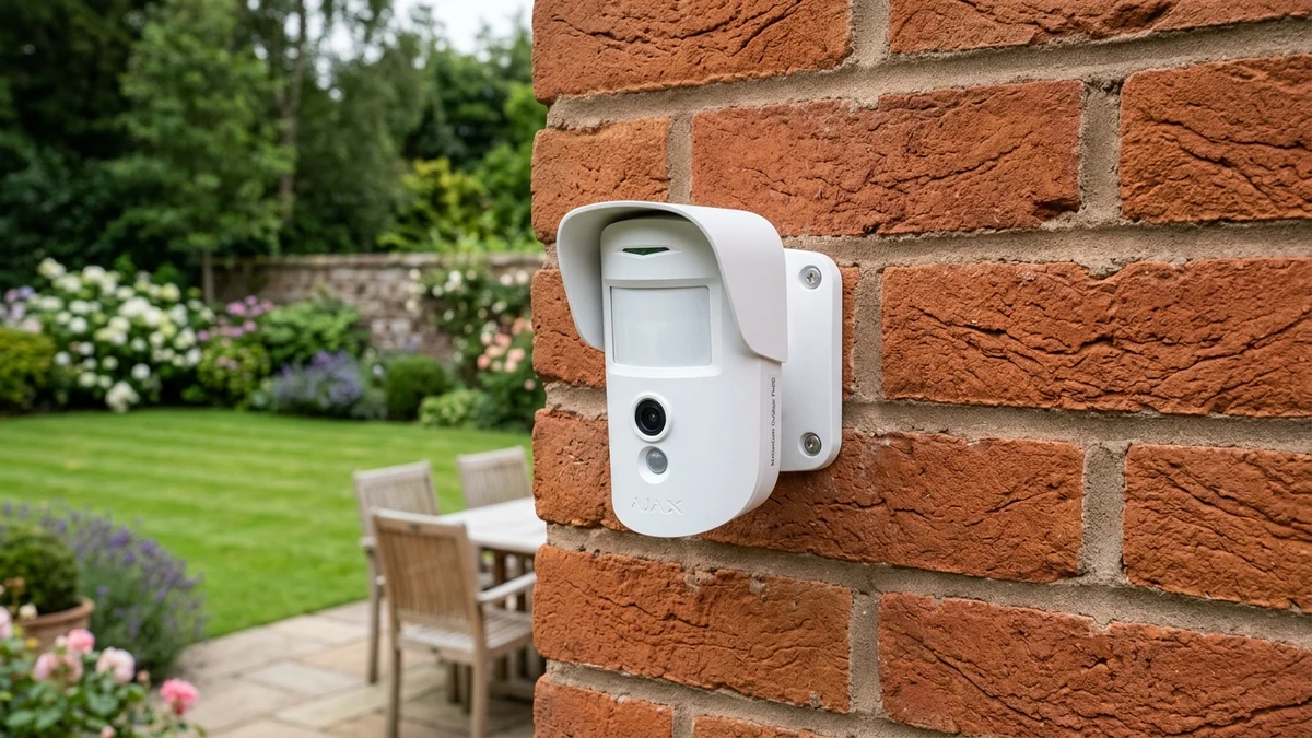Ajax MotionCam Outdoor mounted on exterior brickwork monitoring an Appleton residential driveway