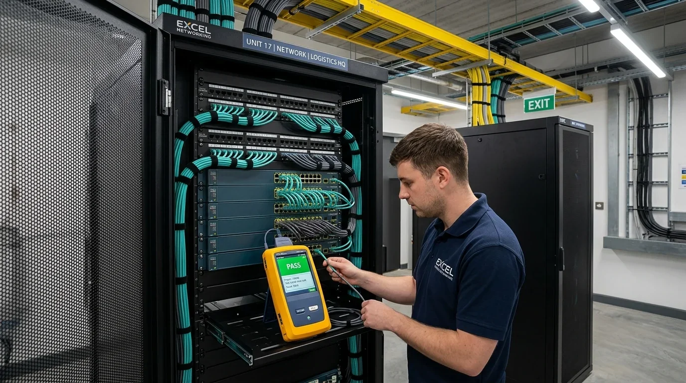 Commercial server rack and patch panel cabling installation in Warrington