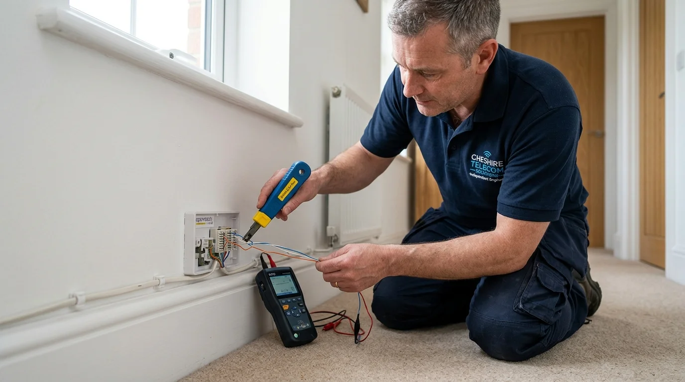 Independent Telephone Engineer isolating bell-wire ring circuit in Warrington Cheshire