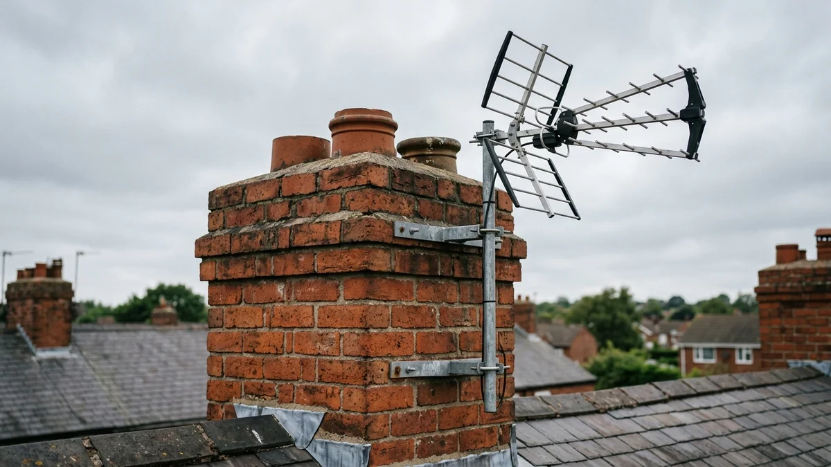 Professional digital TV aerial installation in Appleton on traditional British chimney stack with galvanized Pennine storm brackets