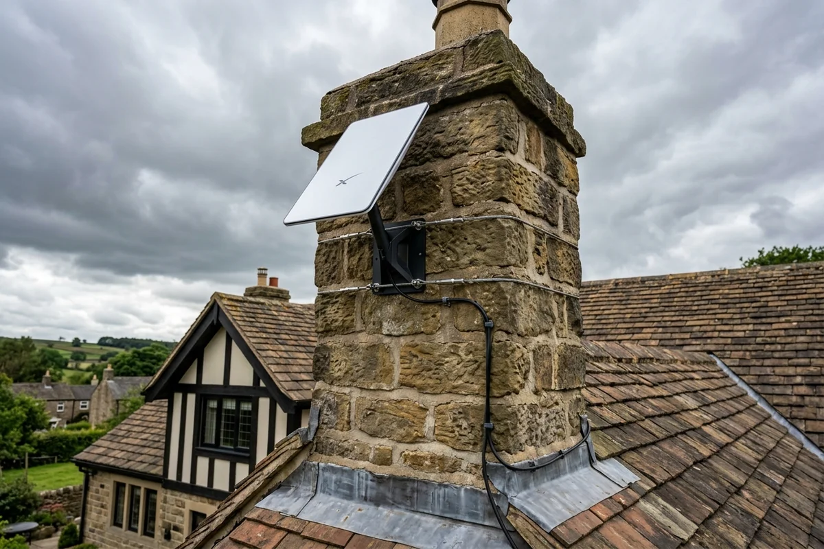 Starlink dish on roof in Wetherby on stone chimney with non-drill lashing cradle