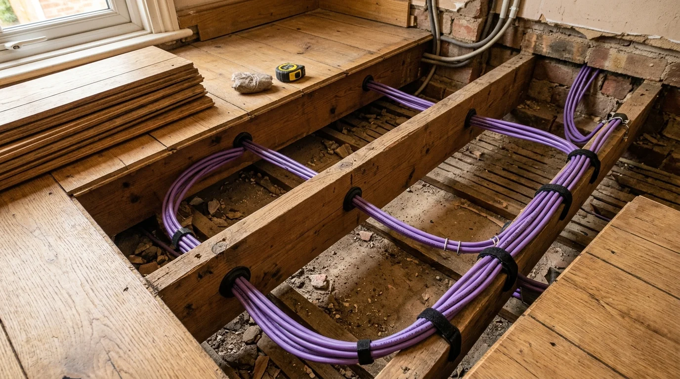 Cat6 LSZH data cabling routed through structural timber joists complying with Part A in Whitebirk Blackburn