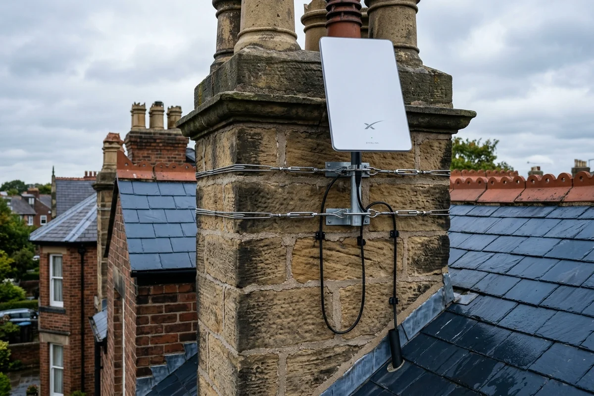 Starlink dish on roof in Whitley Bay on brick chimney with non-drill lashing cradle overlooking town