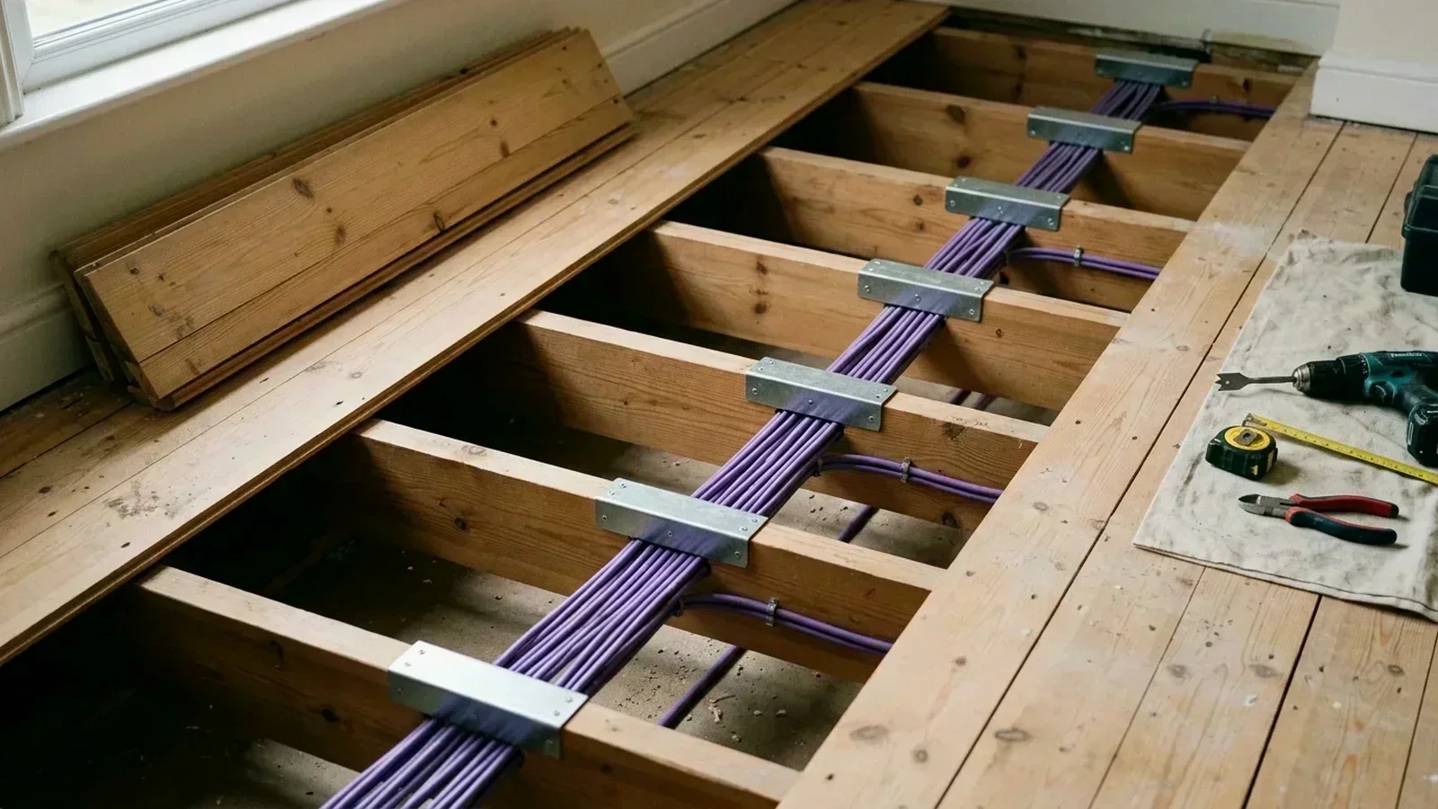 Timber floor joist cable routing compliant with Part A in Whitworth