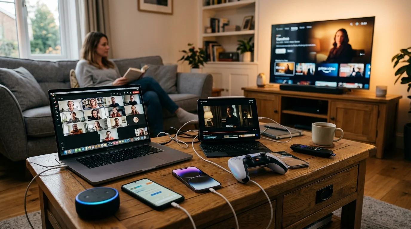 Living room table with multiple active smartphones tablets laptops and smart TV streaming simultaneously