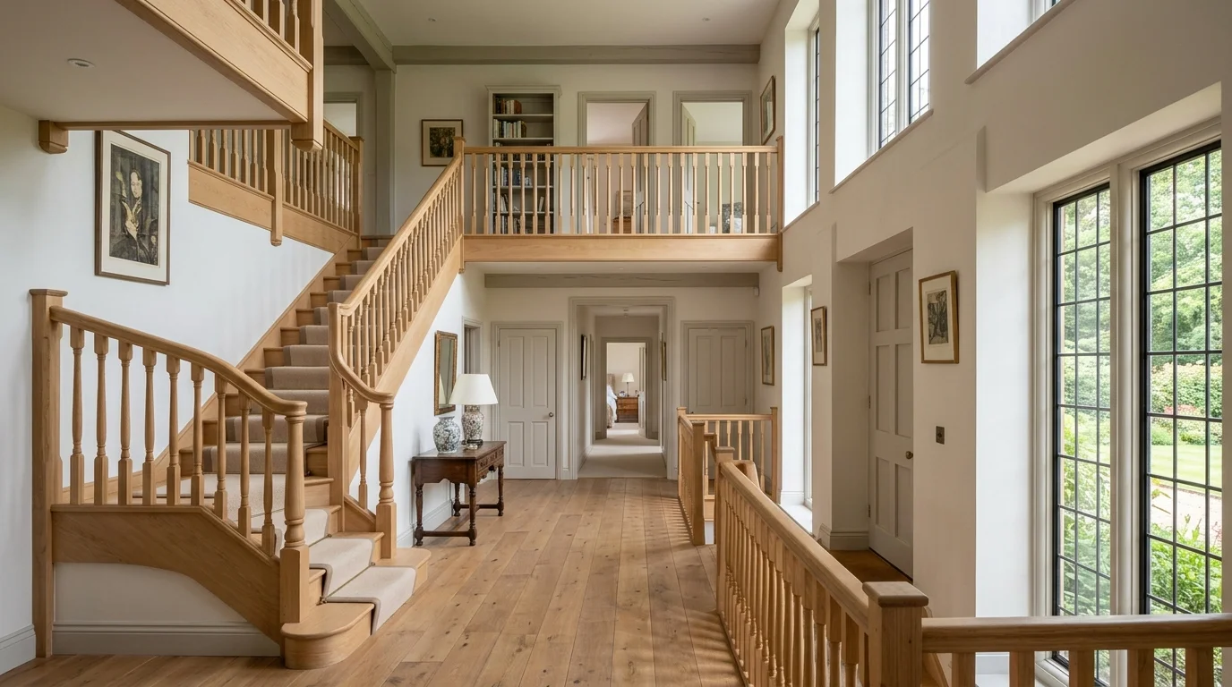 Spacious multi-level Yorkshire home hallway showing distance decay between ground floor router and bedrooms