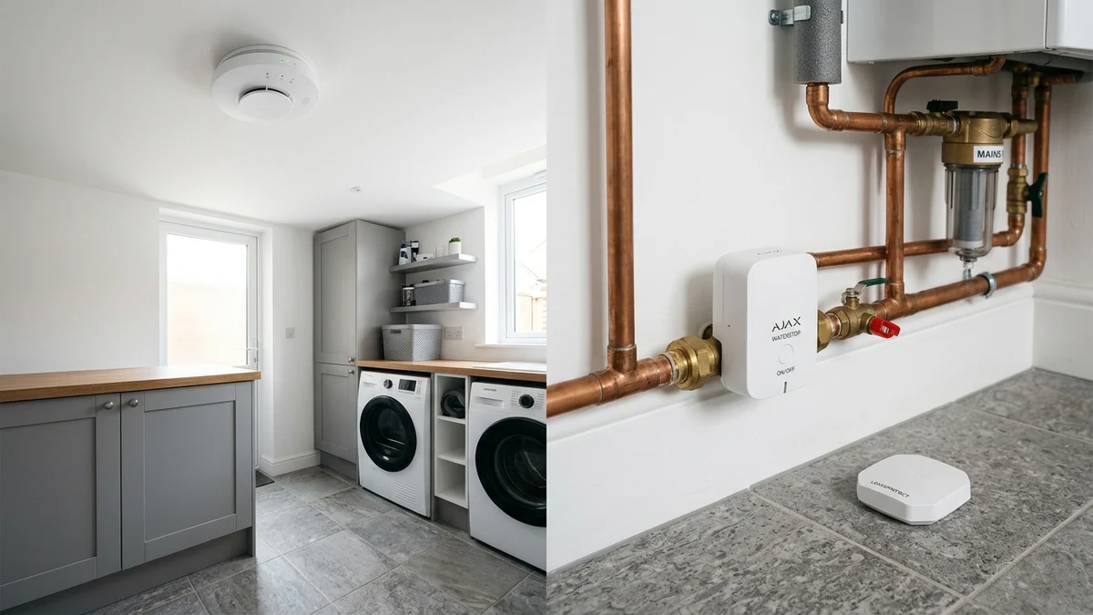 Ajax FireProtect 2 ceiling smoke detector and WaterStop electric smart shutoff valve installed cleanly on copper plumbing in an Abram home