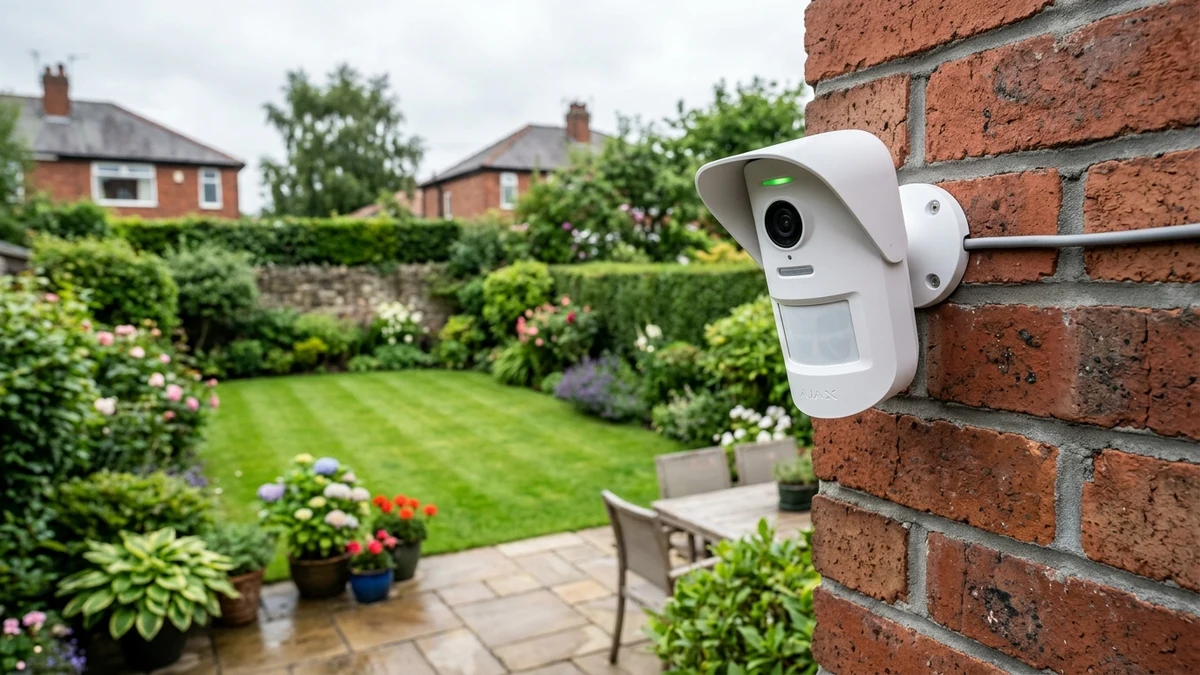 Ajax MotionCam Outdoor mounted on exterior brickwork monitoring an Abram residential driveway
