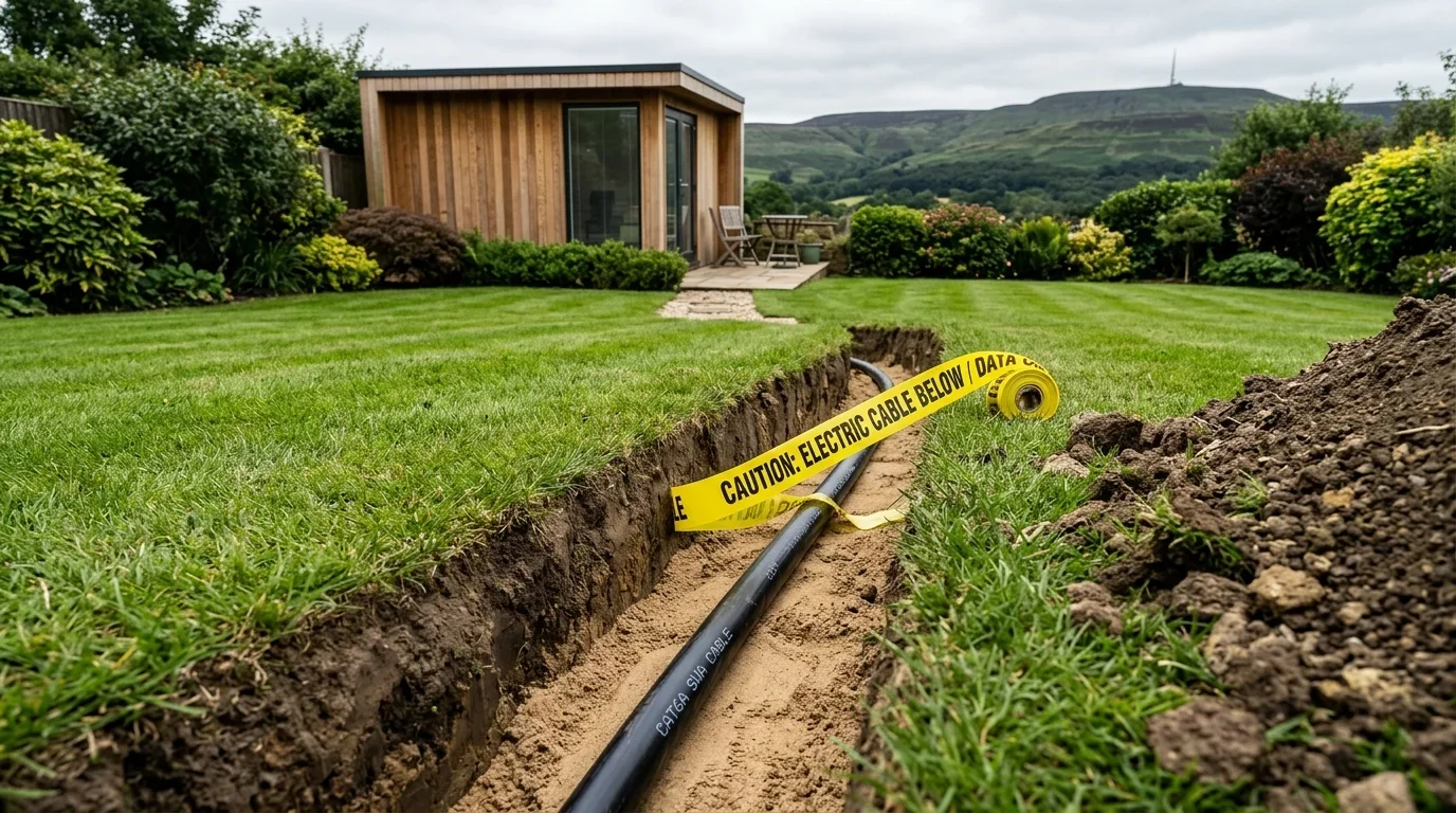 Armoured network cable trenching to garden office in Wigan
