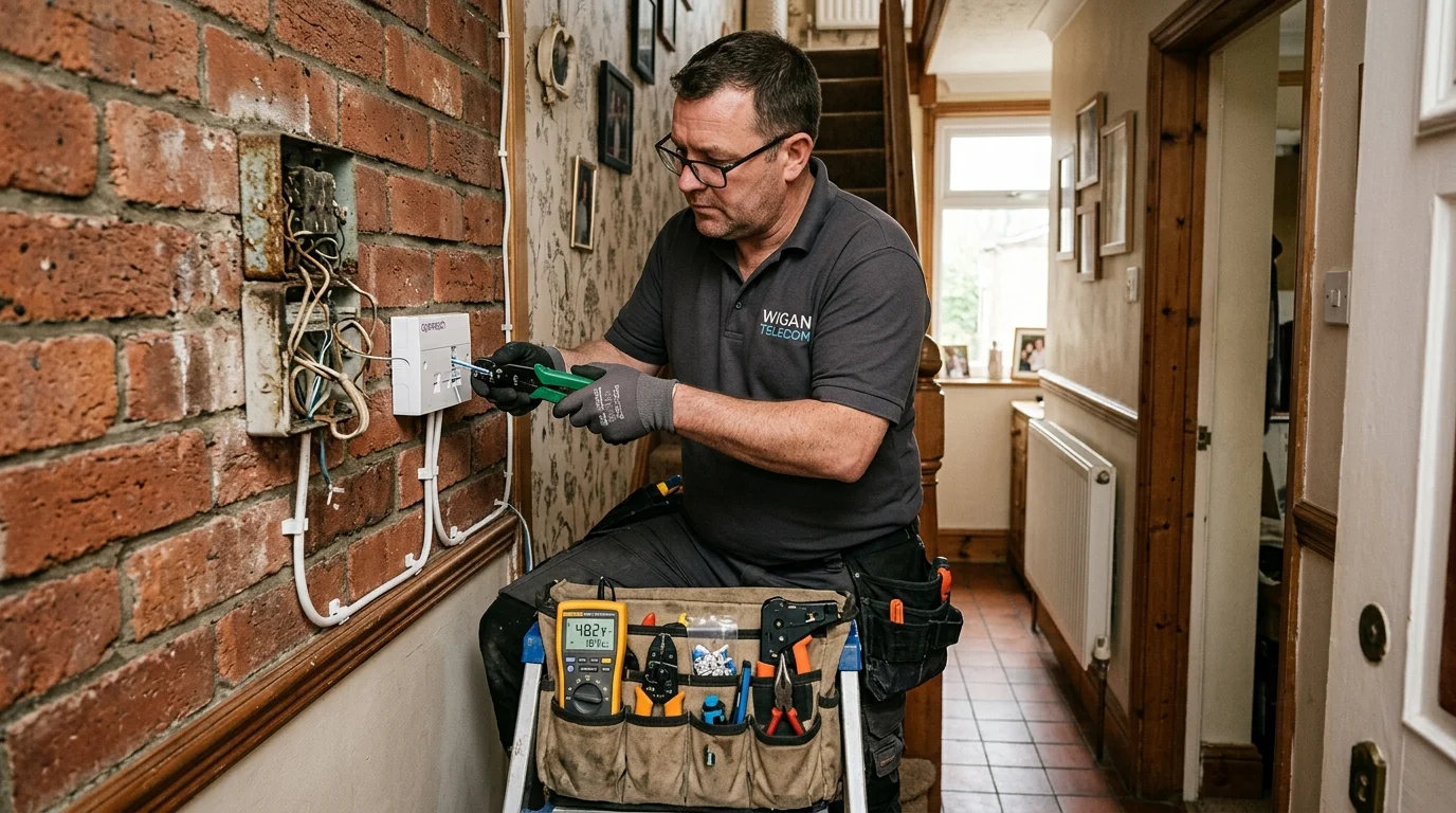 Independent Telephone Engineer replacing corroded junction box with NTE5C master socket in brick terrace in Wigan