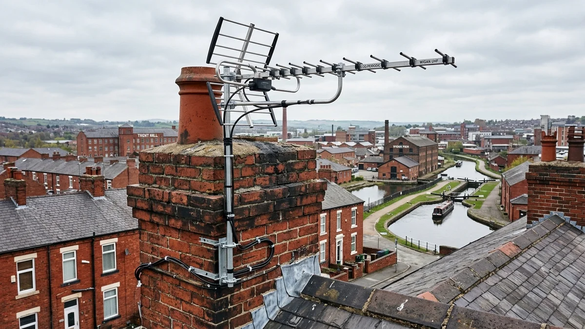 Professional digital TV aerial installation in Orrell on traditional British chimney stack with galvanized Pennine storm brackets