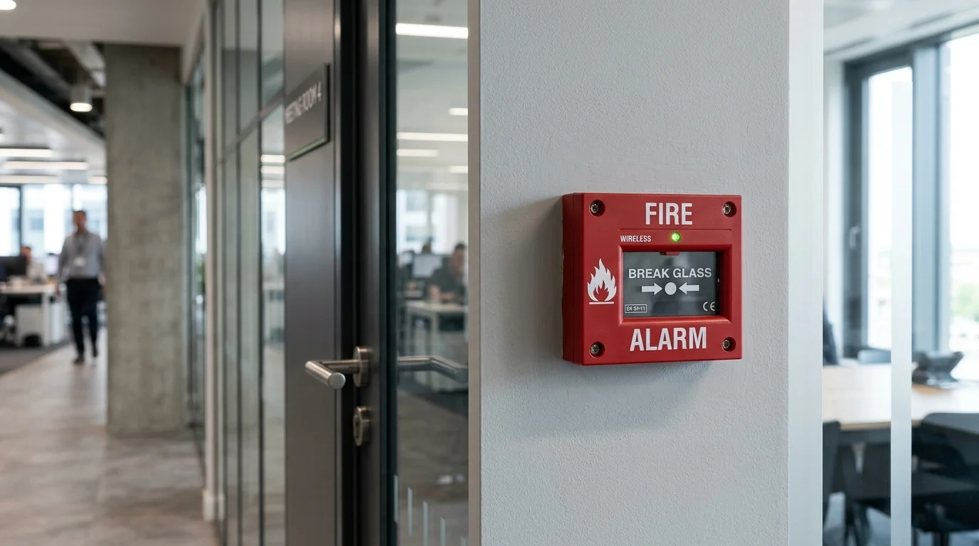 Commercial red wireless manual call point installed on office wall