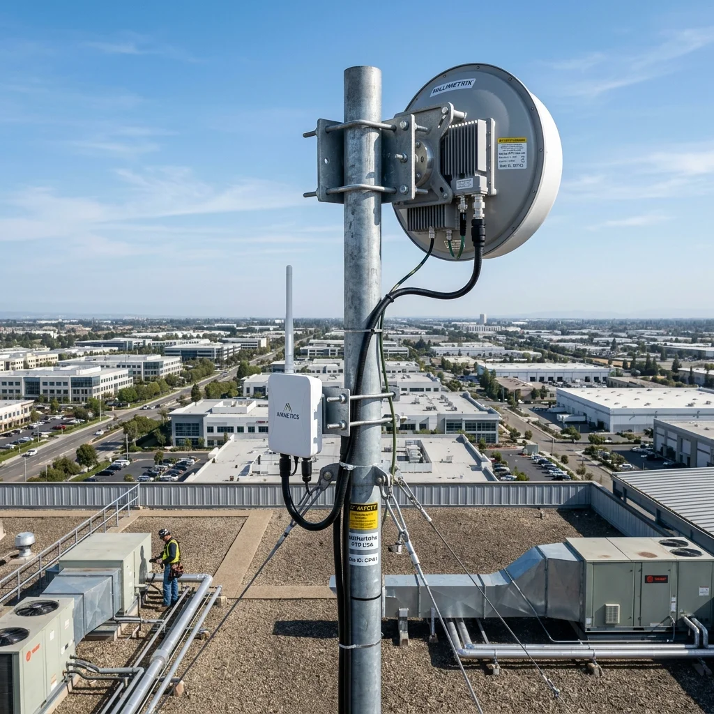 Point to point wireless bridge antenna on commercial rooftop