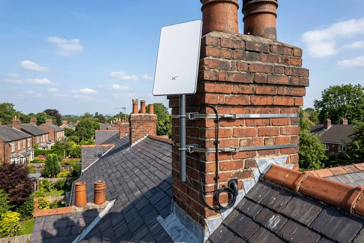 Starlink dish on roof in Worsley on brick chimney with non-drill lashing cradle overlooking town