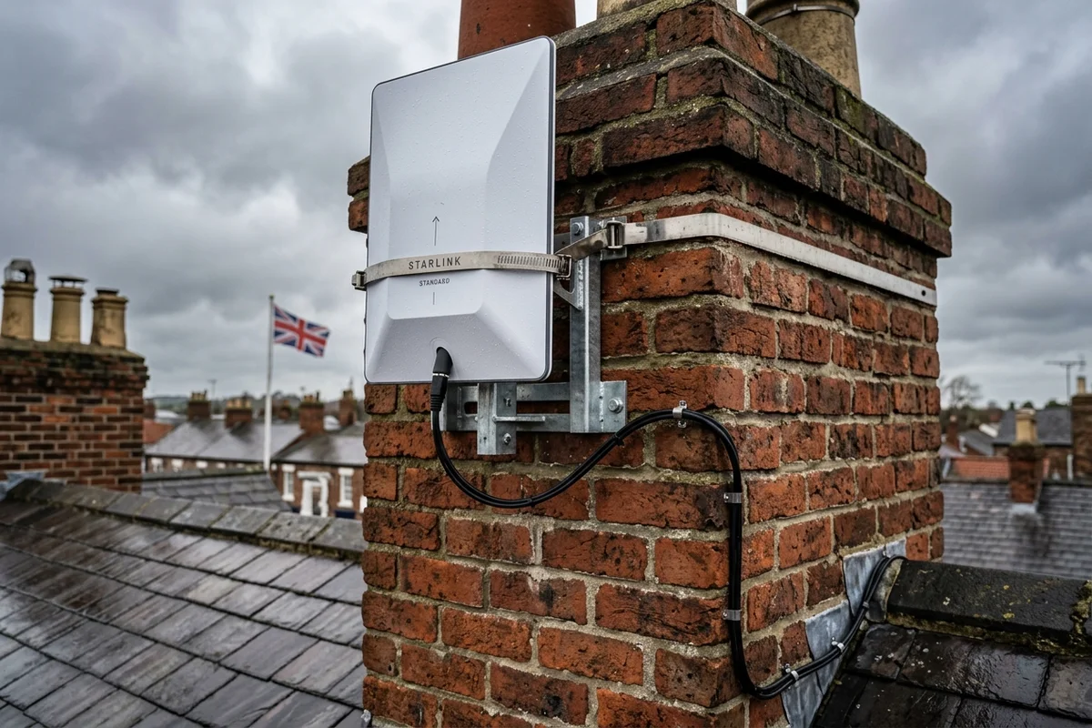 Starlink dish on roof in Yarm on brick chimney with non-drill lashing cradle overlooking town
