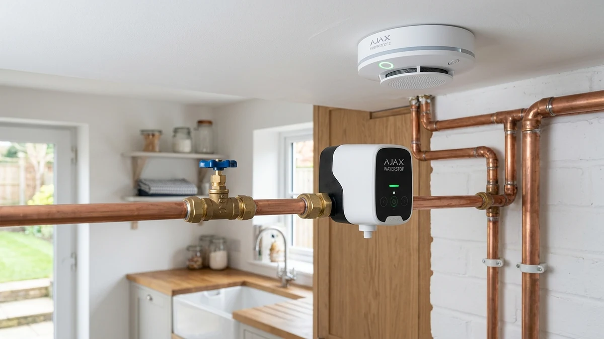 Ajax FireProtect 2 ceiling smoke detector and WaterStop electric smart shutoff valve installed cleanly on copper plumbing in a York home