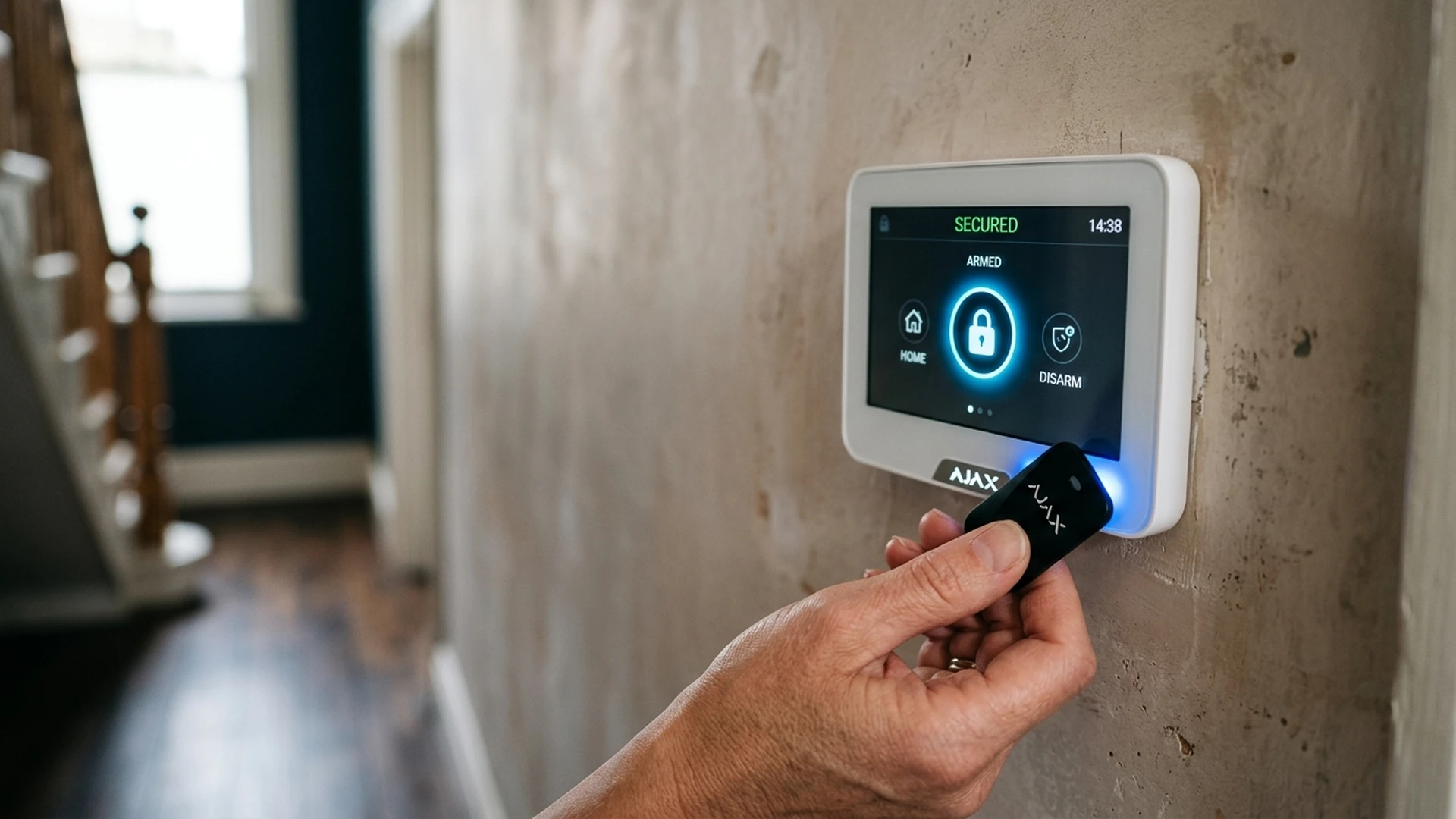Ajax MotionCam Outdoor wireless detector mounted on weathered York red brick exterior wall in York