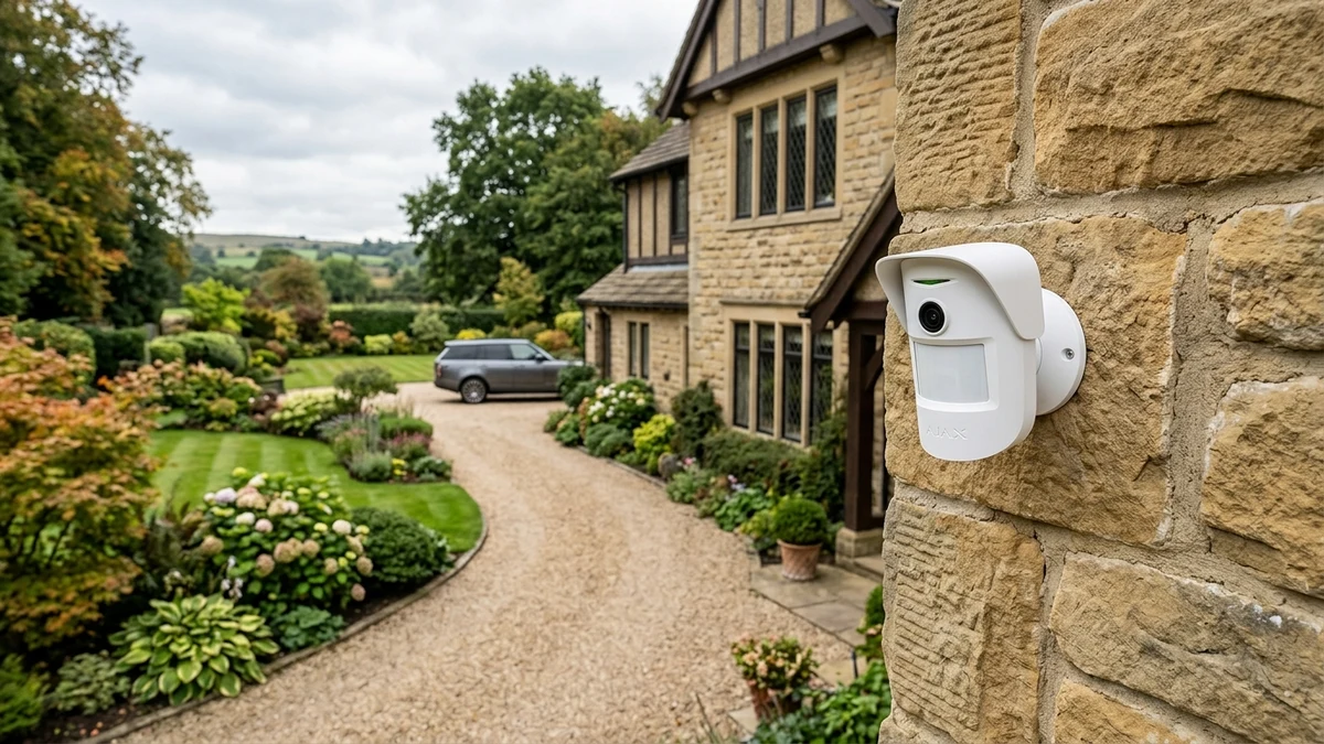 Ajax MotionCam Outdoor mounted on exterior brickwork monitoring a York residential driveway